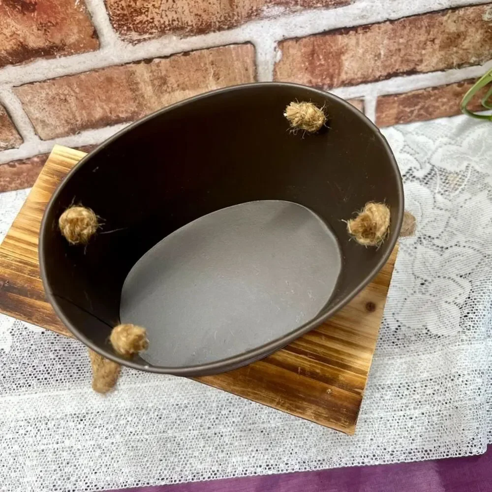 Rustic French Country Style Oval Metal Bucket Planter Lavender Floral & Rope Han